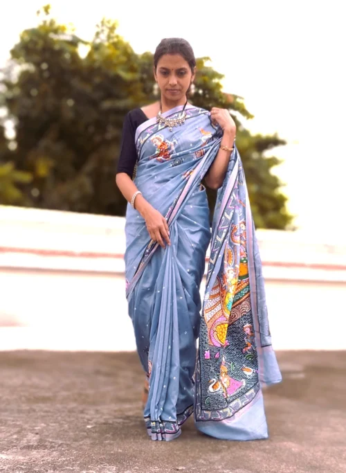 Nauka Vihar Raas Leela -Handcrafted PremiumTussar & Modal Silk Pattachitra Saree |Steel Blue - Image 5