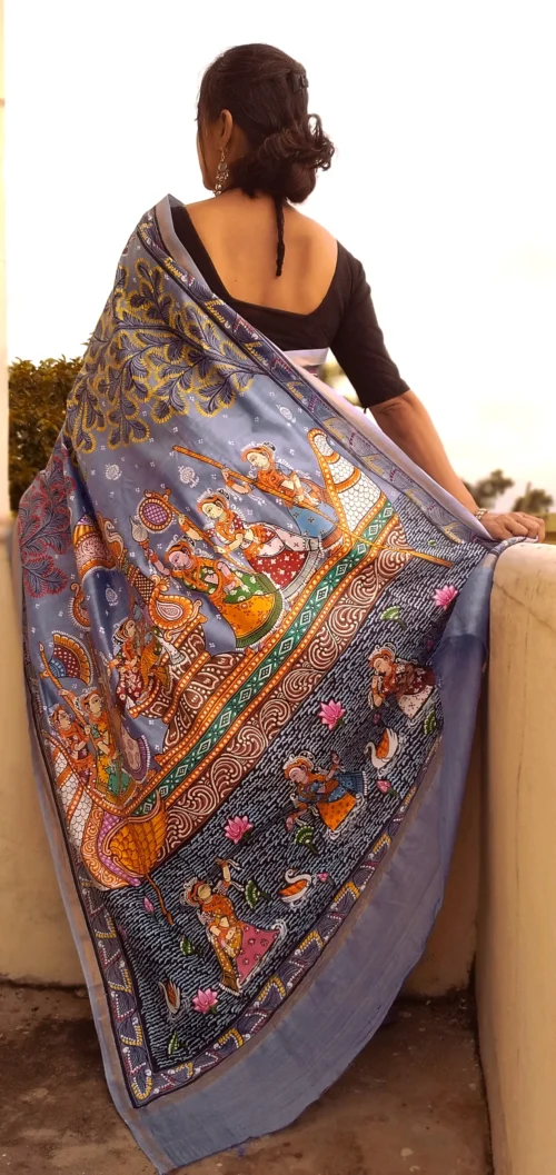 Nauka Vihar Raas Leela -Handcrafted PremiumTussar & Modal Silk Pattachitra Saree |Steel Blue