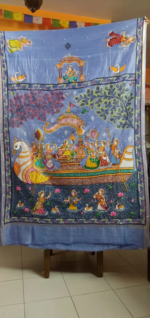 Nauka Vihar Raas Leela -Handcrafted PremiumTussar & Modal Silk Pattachitra Saree |Steel Blue - Image 9