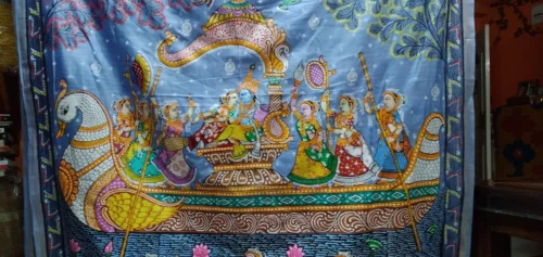 Nauka Vihar Raas Leela -Handcrafted PremiumTussar & Modal Silk Pattachitra Saree |Steel Blue - Image 3