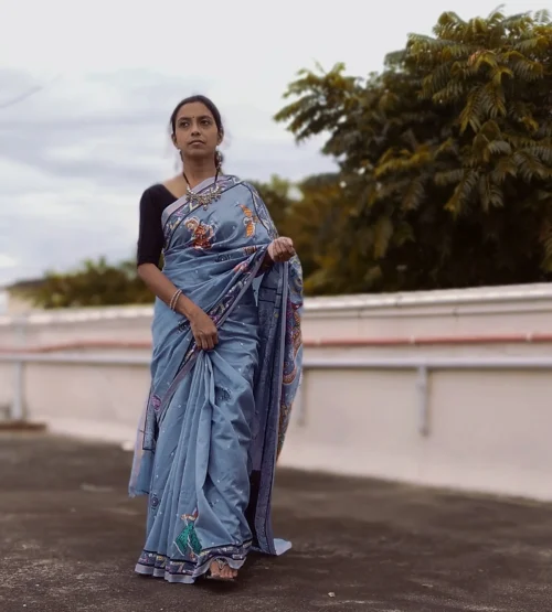 Nauka Vihar Raas Leela -Handcrafted PremiumTussar & Modal Silk Pattachitra Saree |Steel Blue - Image 8