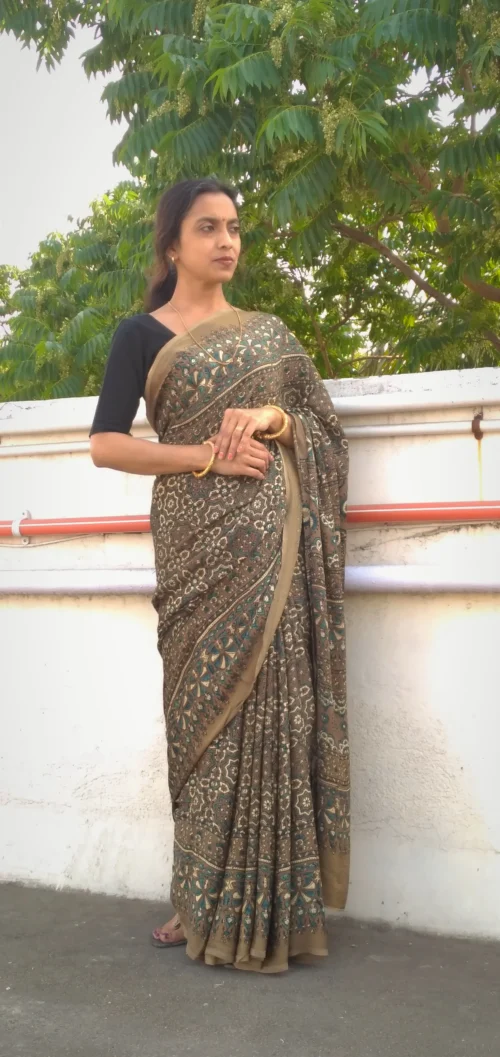 Sayari~ Premium Modal Silk Ajrakh Hand Block Print Designer Saree. - Image 3