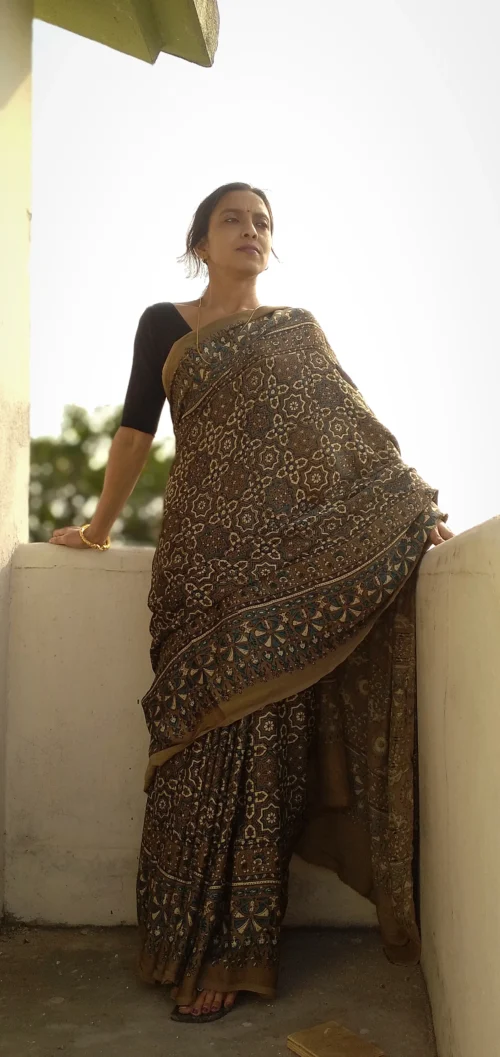 Sayari~ Premium Modal Silk Ajrakh Hand Block Print Designer Saree.