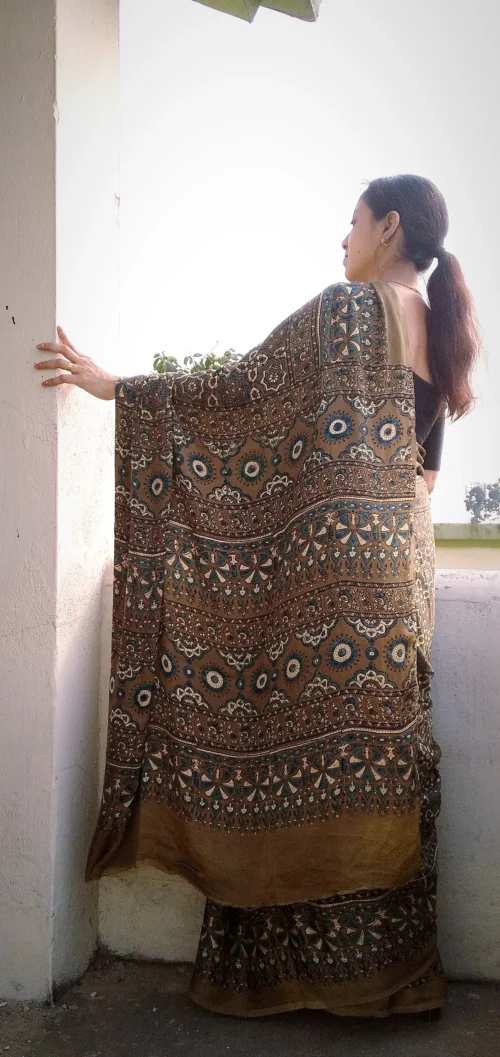 Sayari~ Premium Modal Silk Ajrakh Hand Block Print Designer Saree. - Image 2