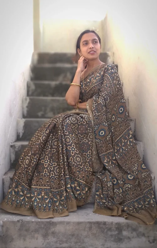 Sayari~ Premium Modal Silk Ajrakh Hand Block Print Designer Saree. - Image 6