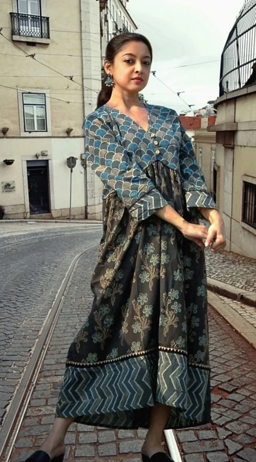 JAKAR - Free Flowing Ajrakh-printed Cotton Maxi Dress with Three Quarter Sleeves and V Neck for a Chic, Effortless Elegant look. - Image 2