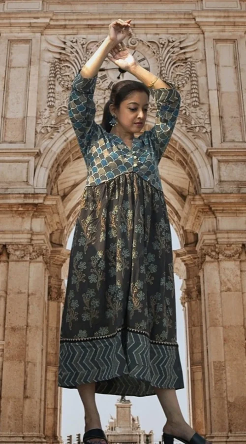 JAKAR - Free Flowing Ajrakh-printed Cotton Maxi Dress with Three Quarter Sleeves and V Neck for a Chic, Effortless Elegant look.