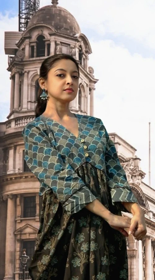 JAKAR - Free Flowing Ajrakh-printed Cotton Maxi Dress with Three Quarter Sleeves and V Neck for a Chic, Effortless Elegant look. - Image 4