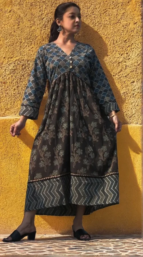 JAKAR - Free Flowing Ajrakh-printed Cotton Maxi Dress with Three Quarter Sleeves and V Neck for a Chic, Effortless Elegant look. - Image 3