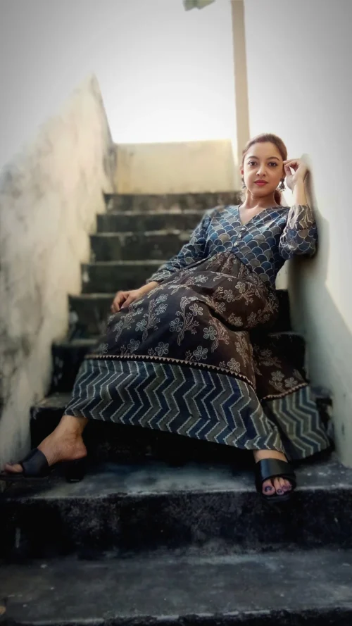 JAKAR - Free Flowing Ajrakh-printed Cotton Maxi Dress with Three Quarter Sleeves and V Neck for a Chic, Effortless Elegant look. - Image 6