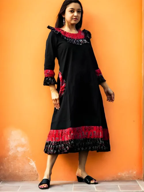 DANISHER - Sleek look Free Flow Dress with Three Quarter Sleeves and adorable Vintage Ruffled Neck Frilled Maxi Prairie Dress.