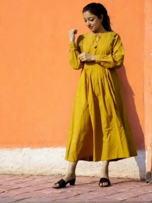 MYKONOS -Smart fit,lantern Sleeves Chrome Yellow Cotton Ajrakh Printed Dress with round Stringed Neck, perfect for a beautiful vacation. - Image 2