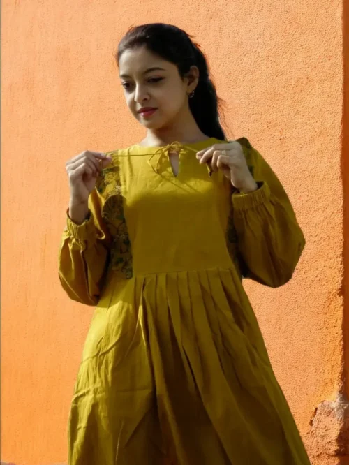 MYKONOS -Smart fit,lantern Sleeves Chrome Yellow Cotton Ajrakh Printed Dress with round Stringed Neck, perfect for a beautiful vacation.