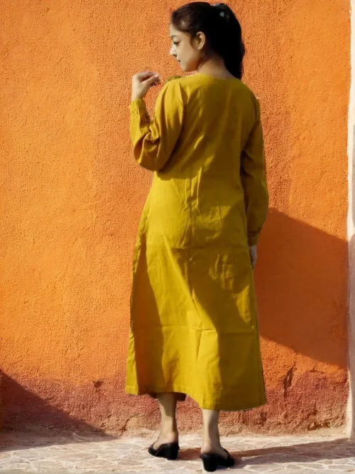 MYKONOS -Smart fit,lantern Sleeves Chrome Yellow Cotton Ajrakh Printed Dress with round Stringed Neck, perfect for a beautiful vacation. - Image 3