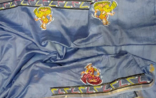 Nauka Vihar Raas Leela -Handcrafted PremiumTussar & Modal Silk Pattachitra Saree |Steel Blue - Image 11