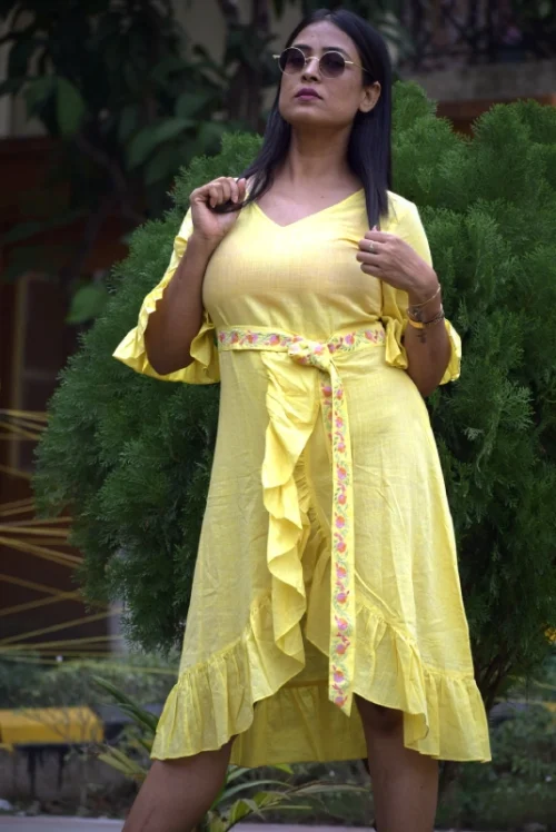 CARIBBEAN ISLES ---Ruffled Midi A Line Swing Dress with Short Frilled Bell Sleeves,Embroidered Belt and High Waist, - Image 2