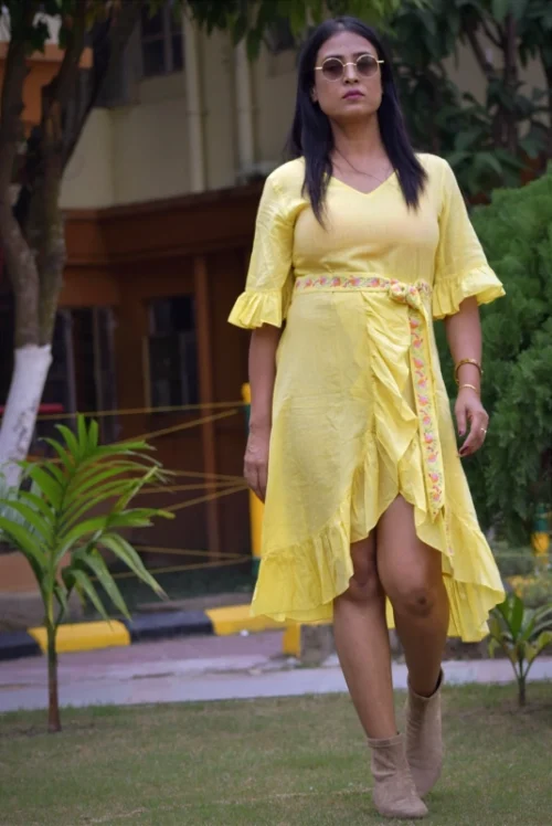 CARIBBEAN ISLES ---Ruffled Midi A Line Swing Dress with Short Frilled Bell Sleeves,Embroidered Belt and High Waist, - Image 4
