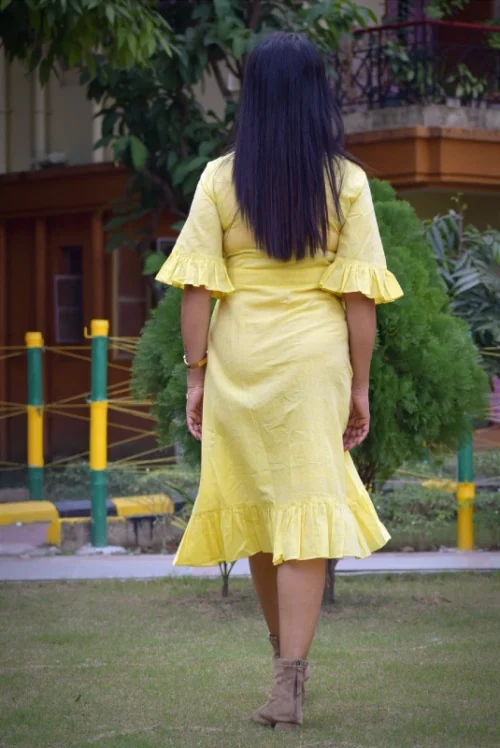 CARIBBEAN ISLES ---Ruffled Midi A Line Swing Dress with Short Frilled Bell Sleeves,Embroidered Belt and High Waist, - Image 5