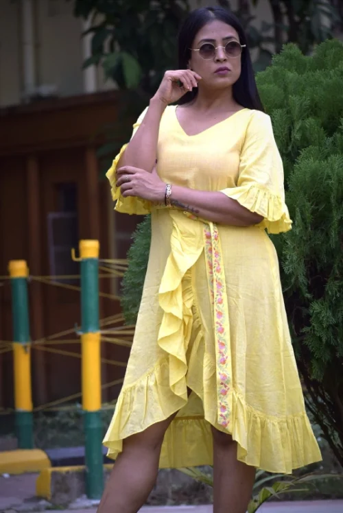 CARIBBEAN ISLES ---Ruffled Midi A Line Swing Dress with Short Frilled Bell Sleeves,Embroidered Belt and High Waist, - Image 6