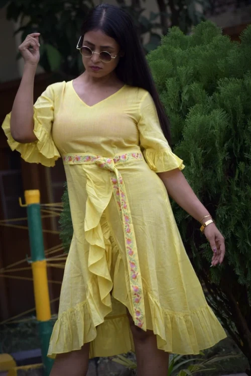CARIBBEAN ISLES ---Ruffled Midi A Line Swing Dress with Short Frilled Bell Sleeves,Embroidered Belt and High Waist,
