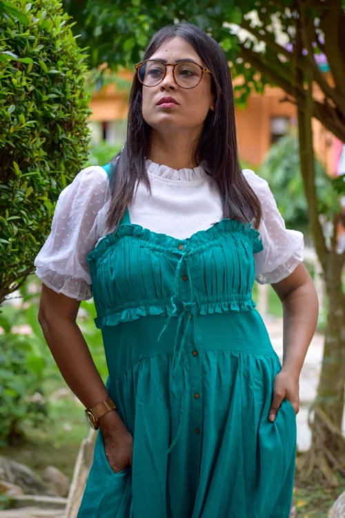 INNAMORATA'S TALE II-- Short Puff Sleeved High Waisted, Midi A Line Swing Dresses for Party Wear. - Image 2