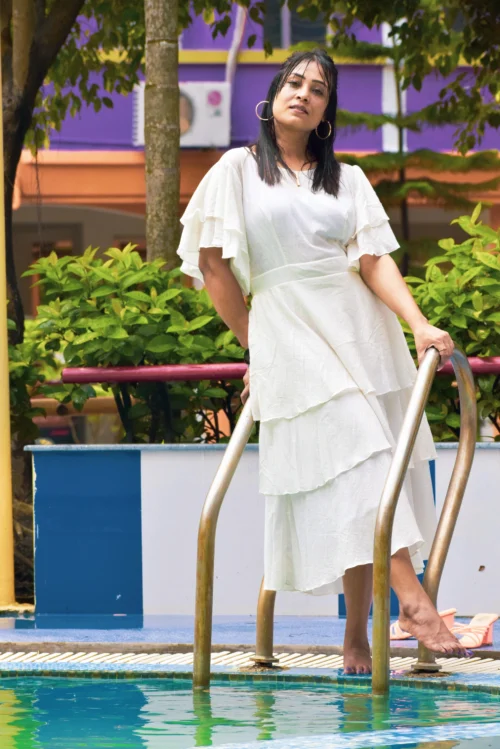 ETESIANS MELTEMI -Super Fine Handmade Layered Dress l Muslin Cotton Summer Casual A Line /Midi Dress with Ruffled Draped Sleeves. - Image 7