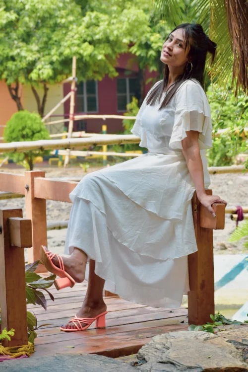 ETESIANS MELTEMI -Super Fine Handmade Layered Dress l Muslin Cotton Summer Casual A Line /Midi Dress with Ruffled Draped Sleeves. - Image 4
