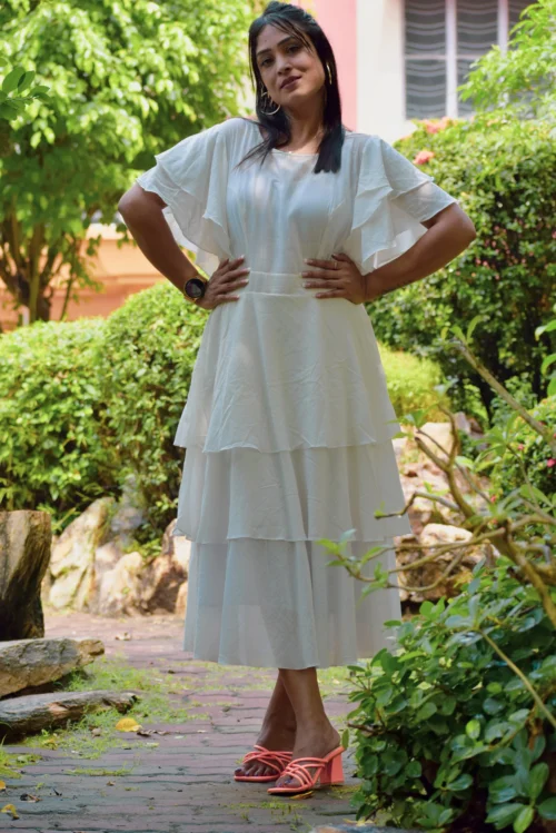 ETESIANS MELTEMI -Super Fine Handmade Layered Dress l Muslin Cotton Summer Casual A Line /Midi Dress with Ruffled Draped Sleeves. - Image 3