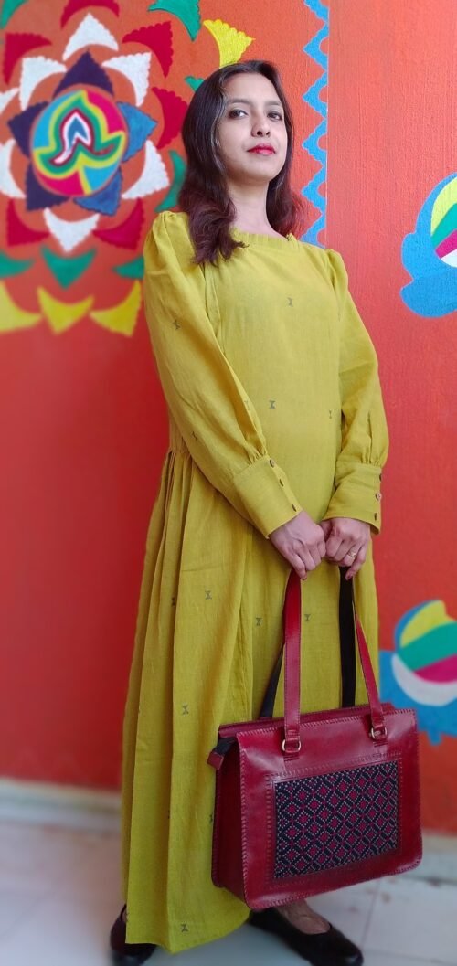 MONOLOGUE,Chrome Yellow -Pleated Round-Neck ,long Sleeved,Fit & Flare Dress - Image 2