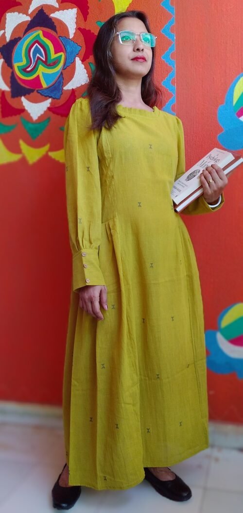 MONOLOGUE,Chrome Yellow -Pleated Round-Neck ,long Sleeved,Fit & Flare Dress - Image 4