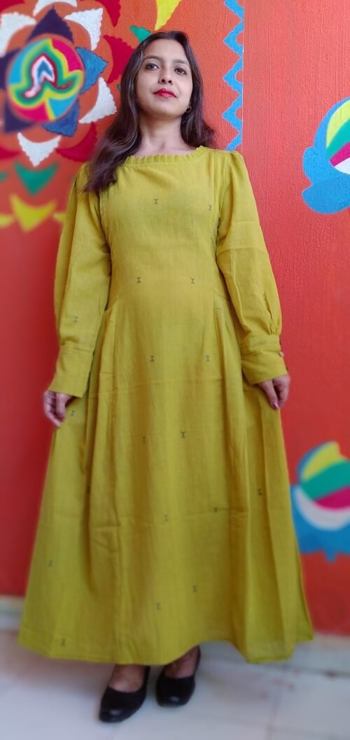 MONOLOGUE,Chrome Yellow -Pleated Round-Neck ,long Sleeved,Fit & Flare Dress - Image 5