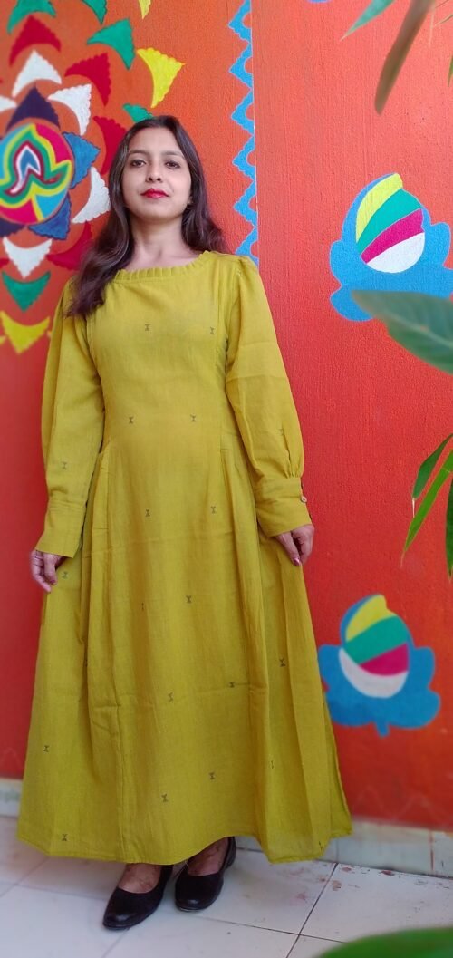 MONOLOGUE,Chrome Yellow -Pleated Round-Neck ,long Sleeved,Fit & Flare Dress - Image 6