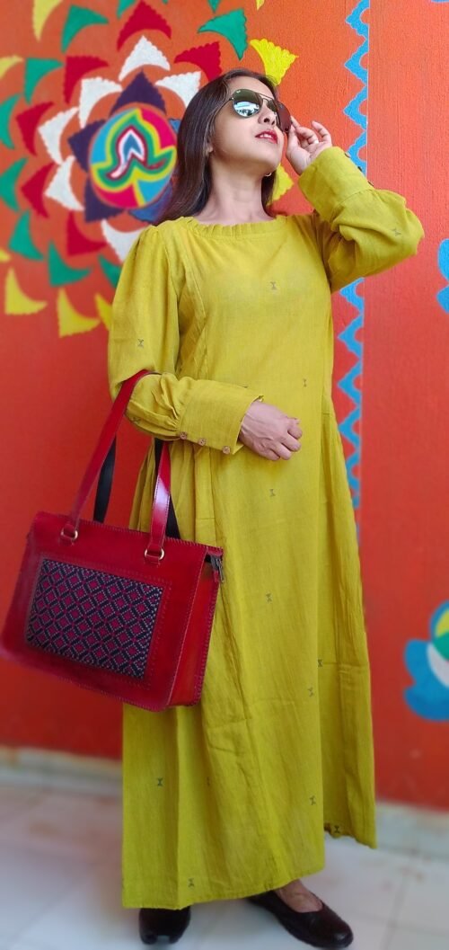 MONOLOGUE,Chrome Yellow -Pleated Round-Neck ,long Sleeved,Fit & Flare Dress