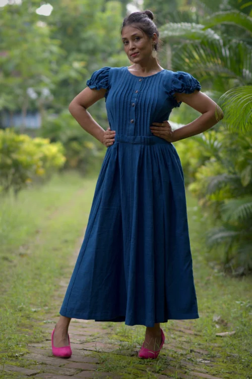 DAMSEL'S JOY - Puff Sleeved,Front Button Ruffle Designer Indo Western Flared Cotton Dress. Casual Wear / Summer Dress / Party Wear - Image 3