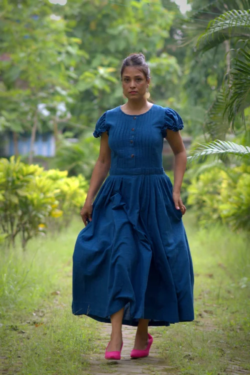 DAMSEL'S JOY - Puff Sleeved,Front Button Ruffle Designer Indo Western Flared Cotton Dress. Casual Wear / Summer Dress / Party Wear