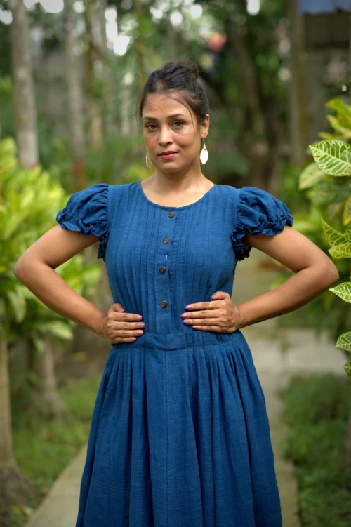 DAMSEL'S JOY - Puff Sleeved,Front Button Ruffle Designer Indo Western Flared Cotton Dress. Casual Wear / Summer Dress / Party Wear - Image 4