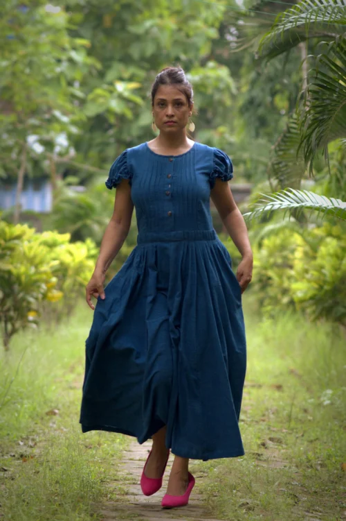 DAMSEL'S JOY - Puff Sleeved,Front Button Ruffle Designer Indo Western Flared Cotton Dress. Casual Wear / Summer Dress / Party Wear - Image 5