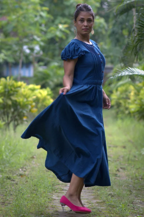 DAMSEL'S JOY - Puff Sleeved,Front Button Ruffle Designer Indo Western Flared Cotton Dress. Casual Wear / Summer Dress / Party Wear - Image 6