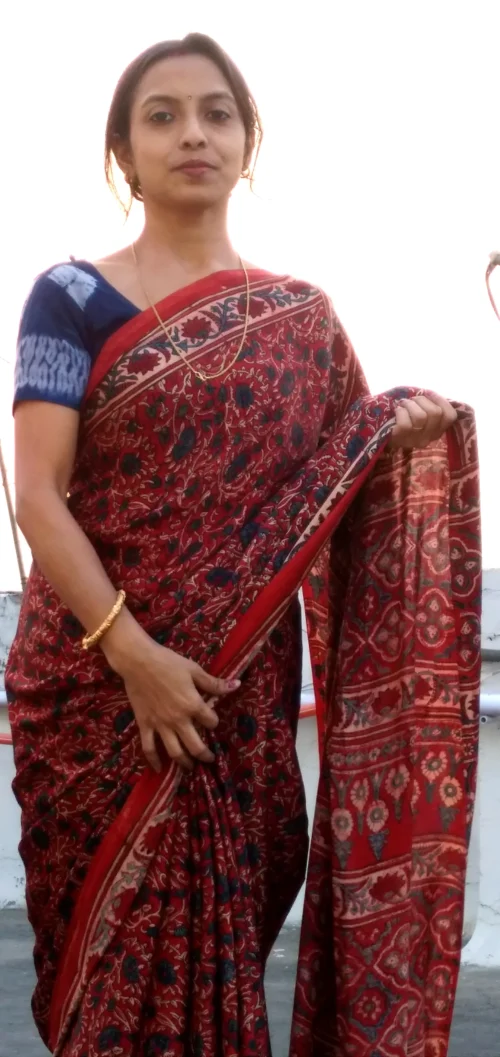 Shaqoon~ Premium Modal Silk Ajrakh Hand Block Print Designer Saree.