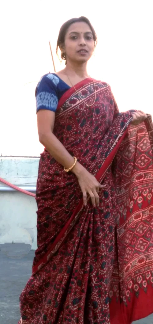 Shaqoon~ Premium Modal Silk Ajrakh Hand Block Print Designer Saree. - Image 4