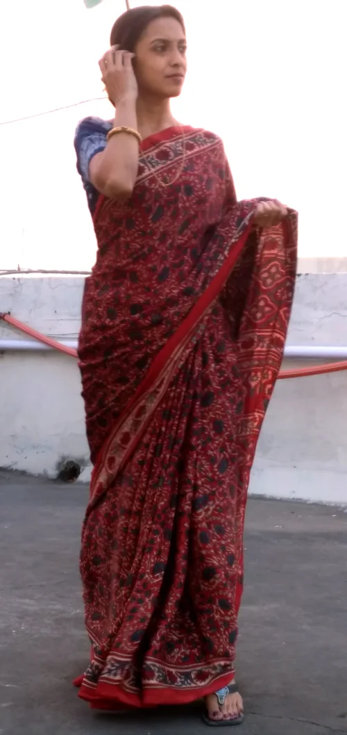 Shaqoon~ Premium Modal Silk Ajrakh Hand Block Print Designer Saree. - Image 3