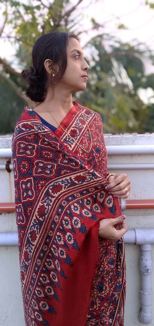 Shaqoon~ Premium Modal Silk Ajrakh Hand Block Print Designer Saree. - Image 7