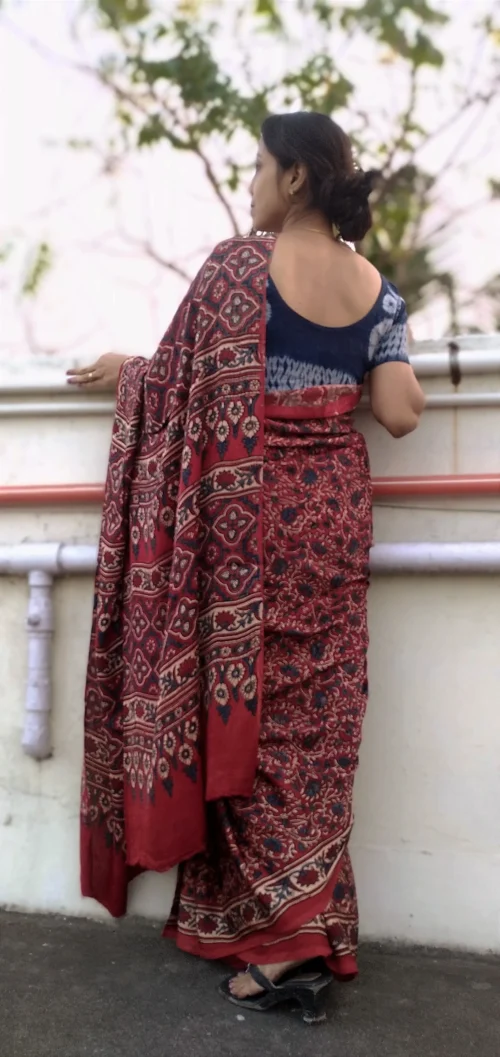 Shaqoon~ Premium Modal Silk Ajrakh Hand Block Print Designer Saree. - Image 6