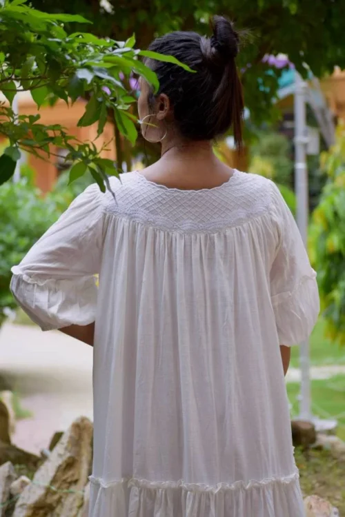 SIROCCO -Handwoven Muslin Cotton Flared & Embroidered Casual Wear / Summer Dress / Party Wear /Long Boho White Dress. - Image 4