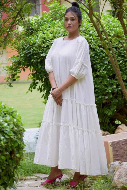 SIROCCO -Handwoven Muslin Cotton Flared & Embroidered Casual Wear / Summer Dress / Party Wear /Long Boho White Dress. - Image 5