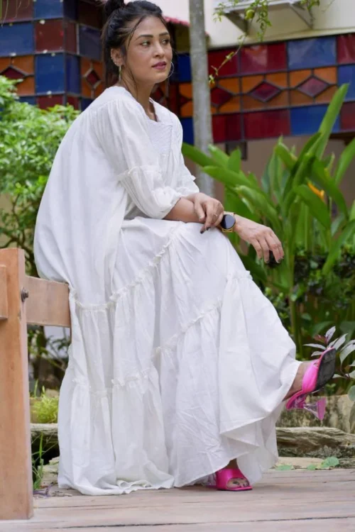 SIROCCO -Handwoven Muslin Cotton Flared & Embroidered Casual Wear / Summer Dress / Party Wear /Long Boho White Dress. - Image 7