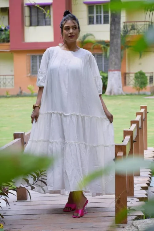 SIROCCO -Handwoven Muslin Cotton Flared & Embroidered Casual Wear / Summer Dress / Party Wear /Long Boho White Dress.