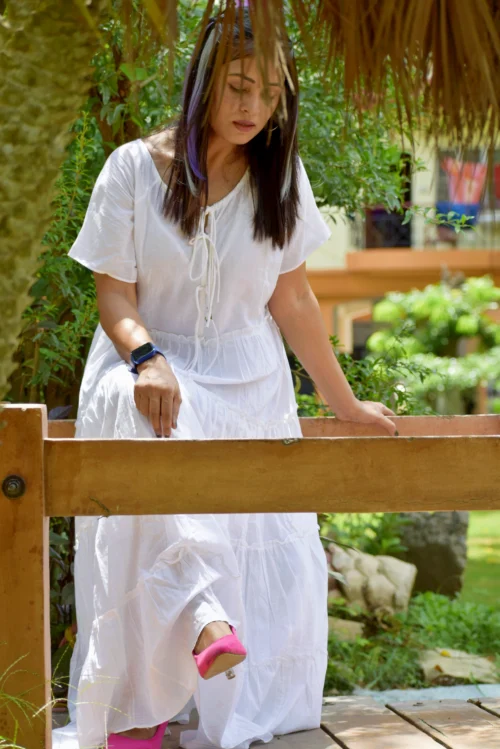 SUNDOWNERS COURSE -Magnificent handcrafted Long Boho Styled Designer Dress in Premium Muslin Cotton ,Limited Edition White Dress for Summer. - Image 2