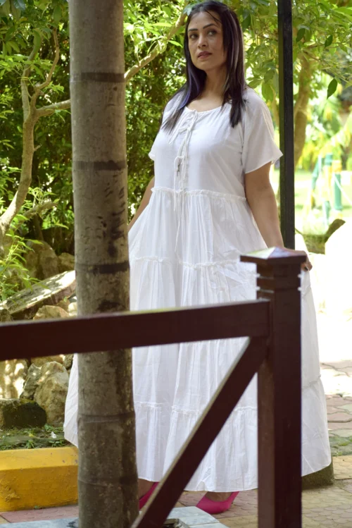 SUNDOWNERS COURSE -Magnificent handcrafted Long Boho Styled Designer Dress in Premium Muslin Cotton ,Limited Edition White Dress for Summer. - Image 5