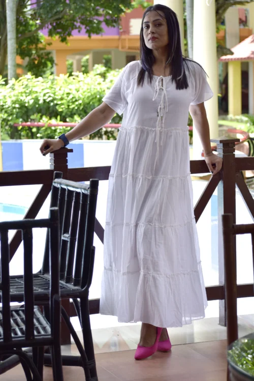 SUNDOWNERS COURSE -Magnificent handcrafted Long Boho Styled Designer Dress in Premium Muslin Cotton ,Limited Edition White Dress for Summer. - Image 6